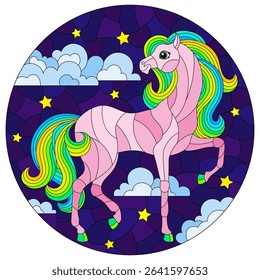 An illustration in the style of a stained glass window with a cute horse on the background of a night sky with stars and clouds