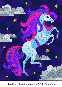 An illustration in the style of a stained glass window with a cute horse on the background of a night sky with stars and clouds