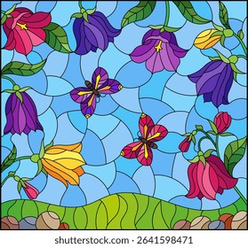 An illustration in the style of a stained glass window with flowers of bluebells and butterflies against the sky