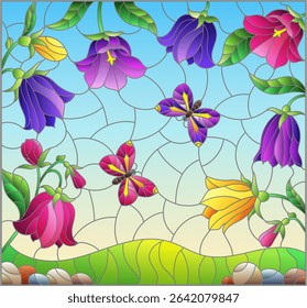 An illustration in the style of a stained glass window with flowers of bluebells and butterflies against the sky