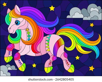 An illustration in the style of a stained glass window with a cute horse on the background of a night sky with stars and clouds