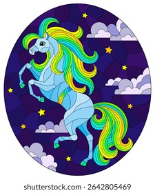 An illustration in the style of a stained glass window with a cute horse on the background of a night sky with stars and clouds