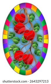 Illustration in the style of a stained glass window with the branches of Apple trees , the fruit branches and leaves against the sky,oval image in bright frame 