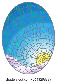 An illustration in the style of a stained glass window with an abstract sky, sun and clouds on a blue background, an oval image