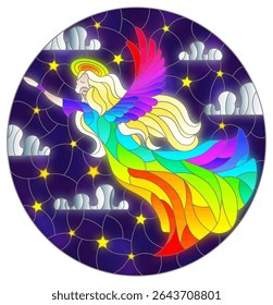 An illustration in the style of a stained glass window with an angel girl in a rainbow dress on the background of a starry night sky