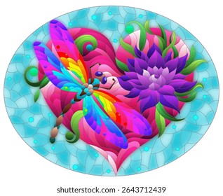 An illustration in the style of a stained glass window with a bright dragonfly , lotus flower and heart on a blue background