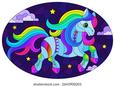 An illustration in the style of a stained glass window with a cute horse on the background of a night sky with stars and clouds