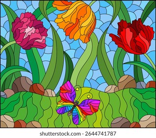 An illustration in the style of a stained glass window with flowers of tulips and butterflies against the sky