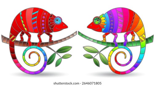 An illustration in the style of a stained glass window with bright chameleons, bright animals isolated on a white background