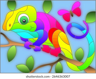 Uma ilustração no estilo de uma janela de vidro manchado com um camaleão de desenho animado brilhante em um galho de árvore em um fundo azul, uma imagem retangular