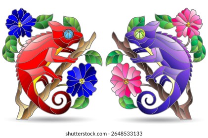 Uma ilustração no estilo de uma janela de vidro manchado com camaleões brilhantes, animais brilhantes isolados em um fundo branco