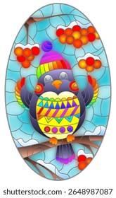 An illustration in the style of a stained glass window with funny bird on the branches of a rowan tree against the sky