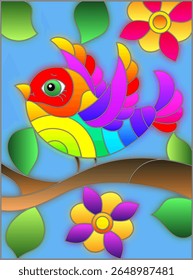 An illustration in the style of a stained glass window with a bright bird on the branches of a tree with flowers against the sky