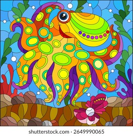 An illustration in the style of a stained glass window with a cute octopus on a background of algae and water