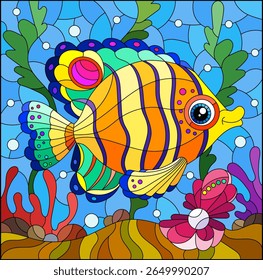 An illustration in the style of a stained glass window with a cute fish on a background of algae and water