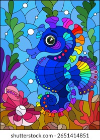 An illustration in the style of a stained glass window with a cute seahorses on a background of algae and water
