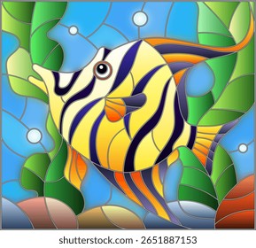An illustration in the style of a stained glass window with an aquarium fish on a background of algae and water