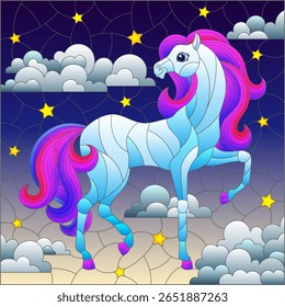An illustration in the style of a stained glass window with a cute horse on the background of a night sky with stars and clouds