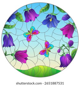 An illustration in the style of a stained glass window with flowers of bluebells and butterflies against the sky