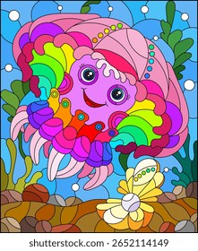 Uma ilustração no estilo de uma janela de vidro manchado com uma água-viva fofa em um fundo de algas e água