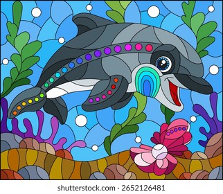 Uma ilustração no estilo de uma janela de vidro manchado com um golfinho bonito em um fundo de algas e água