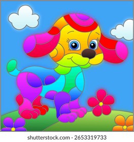 Uma ilustração no estilo de uma janela de vidro manchado com um cachorrinho bonito em um fundo de céu, prados e flores, em um quadro brilhante