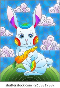 Ilustração no estilo de uma janela de vitral com um coelho de desenho animado bonito no fundo de um prado verde e um céu nublado