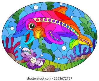 Uma ilustração no estilo de uma janela de vidro manchado com um golfinho bonito em um fundo de algas e água