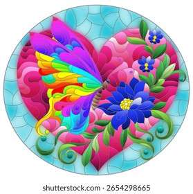 An illustration in the style of a stained glass window with a bright butterfly , lotus flower and heart on a blue background