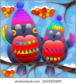 An illustration in the style of a stained glass window with funny birds on the branches of a rowan tree against the sky