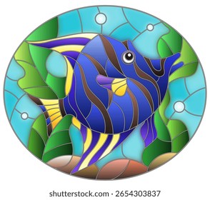 Uma ilustração no estilo de uma janela de vitral com um peixe de aquário sobre um fundo de algas e água