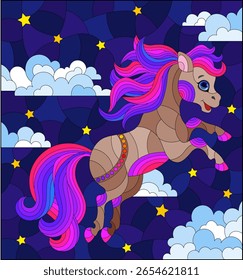 An illustration in the style of a stained glass window with a cute horse on the background of a night sky with stars and clouds