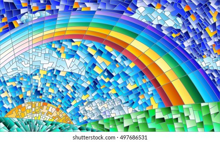 Illustration in the style of a stained glass window with an abstract landscape, field, sun, sky and rainbow