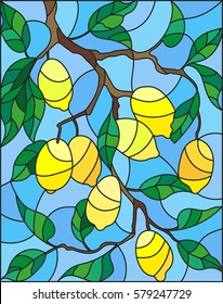 Illustration in the style of a stained glass window with the branches of lemon tree , the fruit branches and leaves against the sky