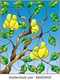 Illustration in the style of a stained glass window with the branches of pear  tree , the fruit branches and leaves against the sky