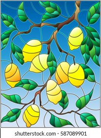 Illustration in the style of a stained glass window with the branches of lemon tree , the fruit branches and leaves against the sky