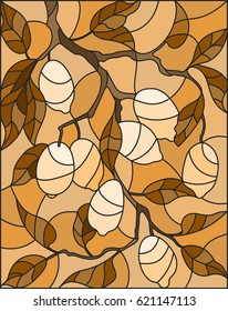 Illustration in the style of a stained glass window with the branches of lemon tree , the fruit branches and leaves against the sky,tone brown