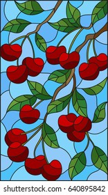Illustration in the style of a stained glass window with the branches of cherry  tree , the  branches, leaves and berries against the sky