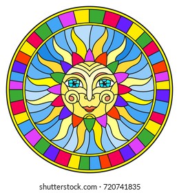 Illustration in the style of a stained glass window with abstract sun in bright frame,round image
