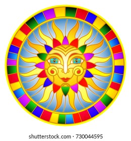 Illustration in the style of a stained glass window with abstract sun in bright frame,round image