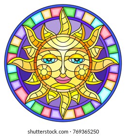 Illustration in the style of a stained glass window with abstract sun in bright frame,round image