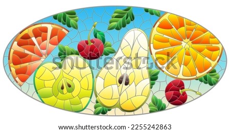 An illustration in the style of a stained glass window with juicy fruits and berries, on a blue background