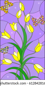 Illustration in the style of stained glass with yellow buds tulips and colorful butterflies on a purple background