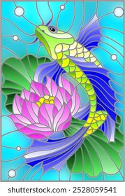 Illustration in style of a stained-glass window with a bright fish and a flower of a lotus against water and vials of air 