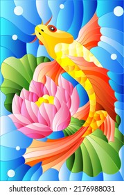 Illustration in style of a stained-glass window with a goldfish and a flower of a lotus against water and vials of air 