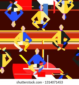 Illustration of a style of suprematism. Seamless pattern with figures of man and colory lines. Creative retro poster