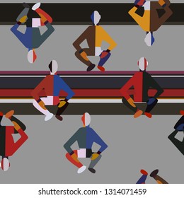 Illustration of a style of suprematism. Seamless pattern with figures of man and colory lines. Creative retro poster