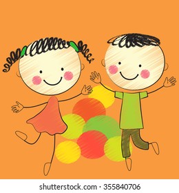 Illustration of a styled little dancing boy and girl on an orange background 