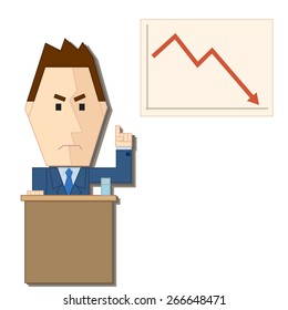 Illustration of styled manager speaking about decline in production behind a podium on the white background