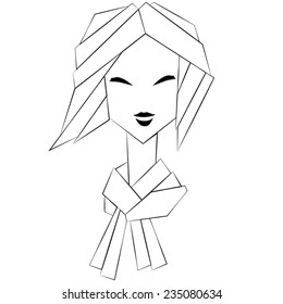 Illustration of styled woman wearing a scarf with haircut in black and white colors